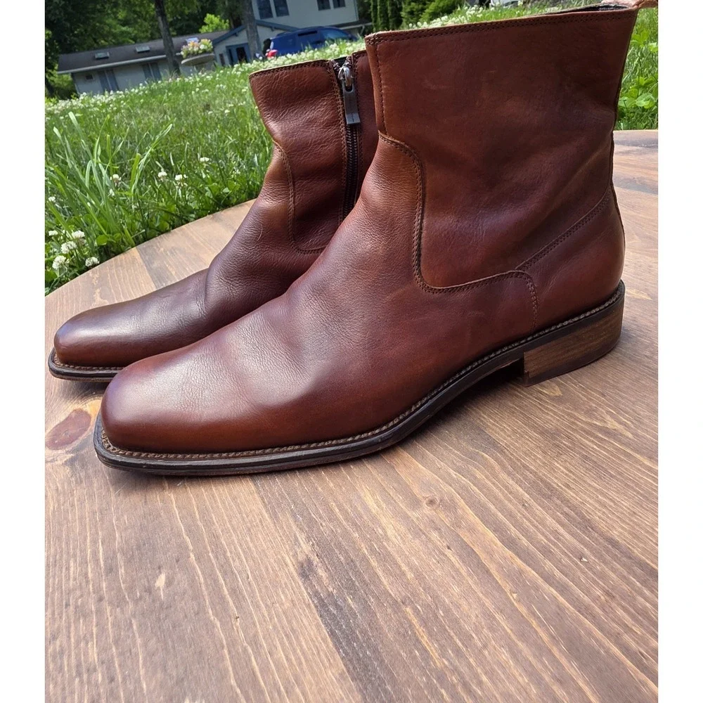 Kenneth Cole Men's Brown Leather Ankle Boots Size 12 Made in Italy Zip Up